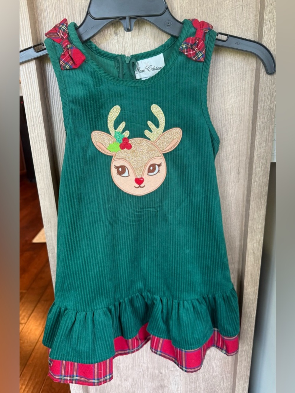 Rare Editions Green Corduroy Reindeer Dress with Plaid Trim